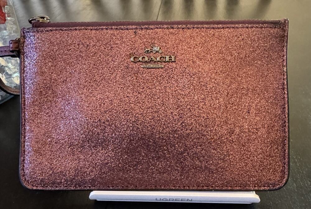 Coach Glitter Small Wristlet In A Metallic Cherry F64585
